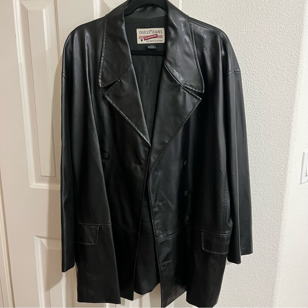 Vintage Guess Jeans Faux Leather Blazer Jacket Black Double Breasted  XL